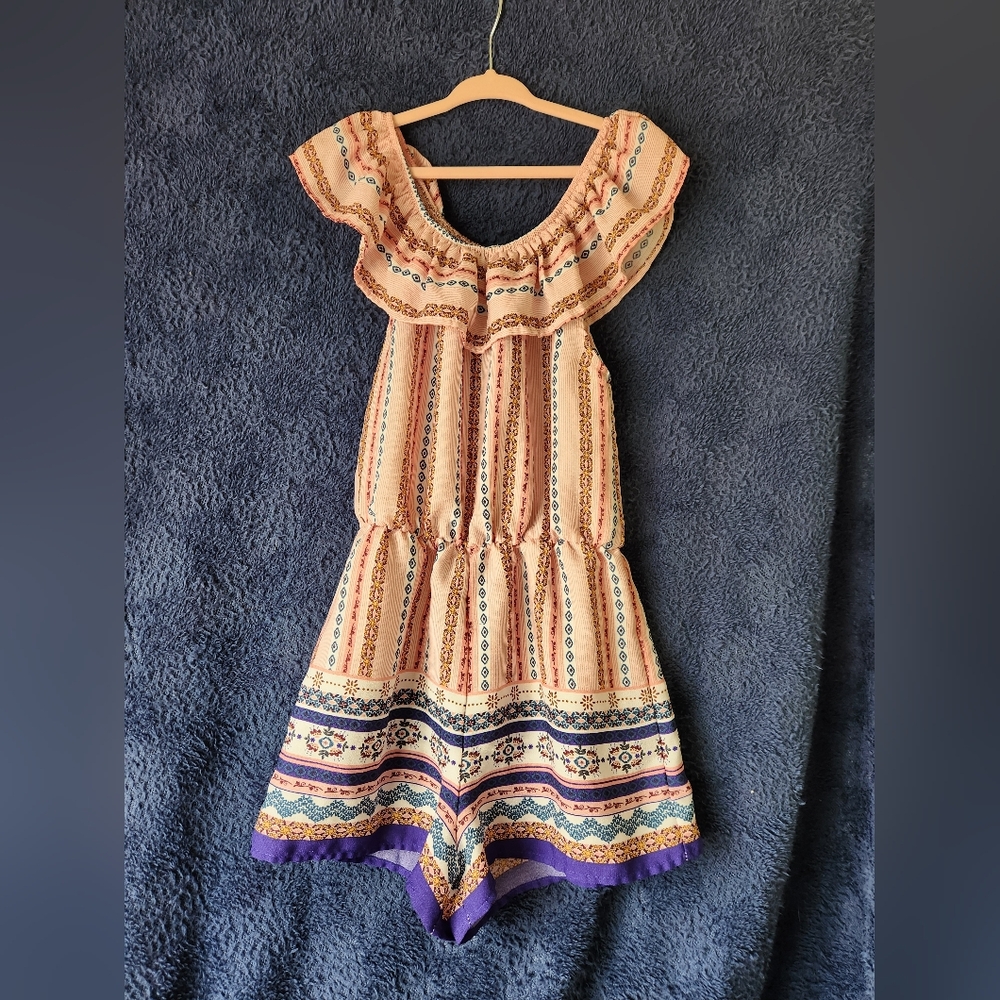 Boho Peach Ruffle-Neck Women's Dress with Multicolor Trim